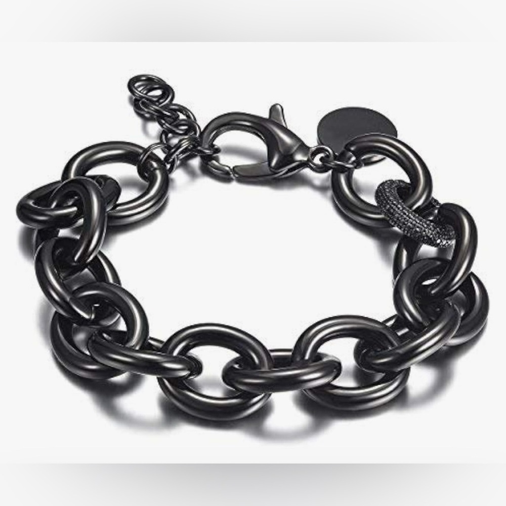 Women Cuban Curb Cable WireVintage Valentine Wide Link Adjustable Bracelet Black
